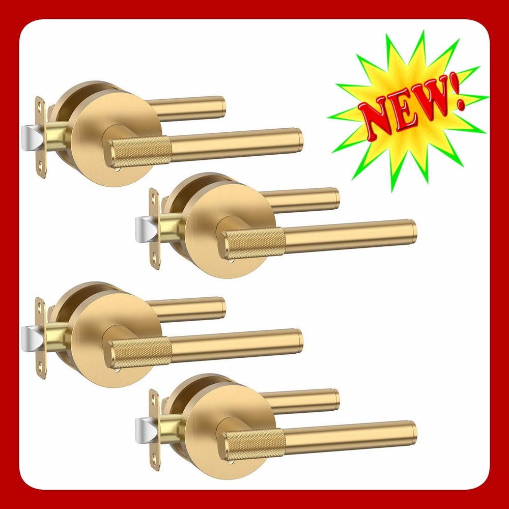 Modern Brushed Gold Privacy Door Lever Knurled Handle Interior Hardware Set 4